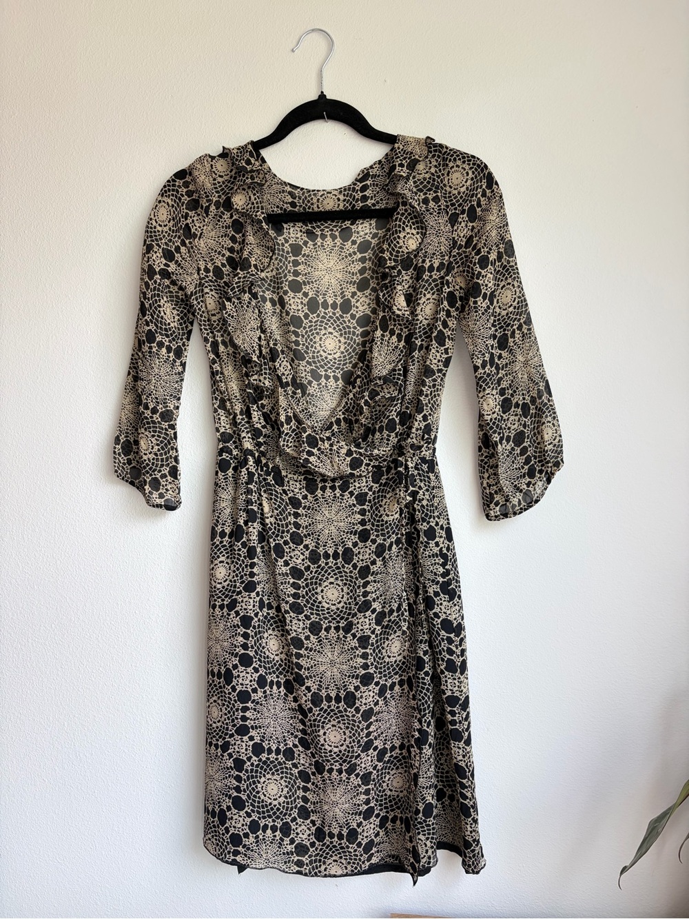 Vintage Moschino Black and Tan Printed Wrap Dress 100% Silk